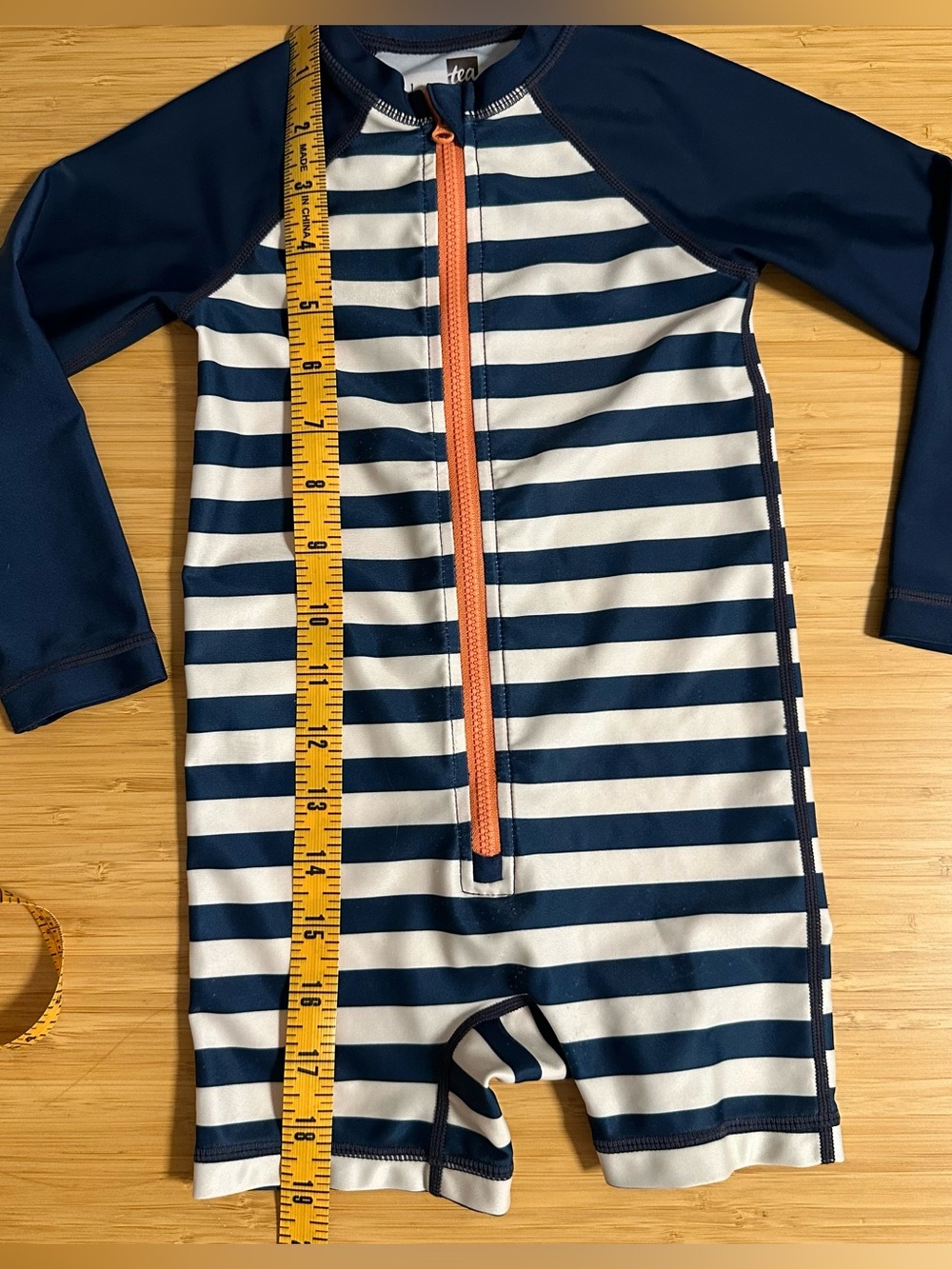 Tea Collection Navy & White Striped Long-Sleeve Rashguard Suit with Orange Zip - Picture 3 of 6